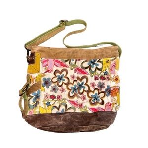 Lucky Brand retro style Canvas and Two Toned Suede Tote in Pink Yellow Tan